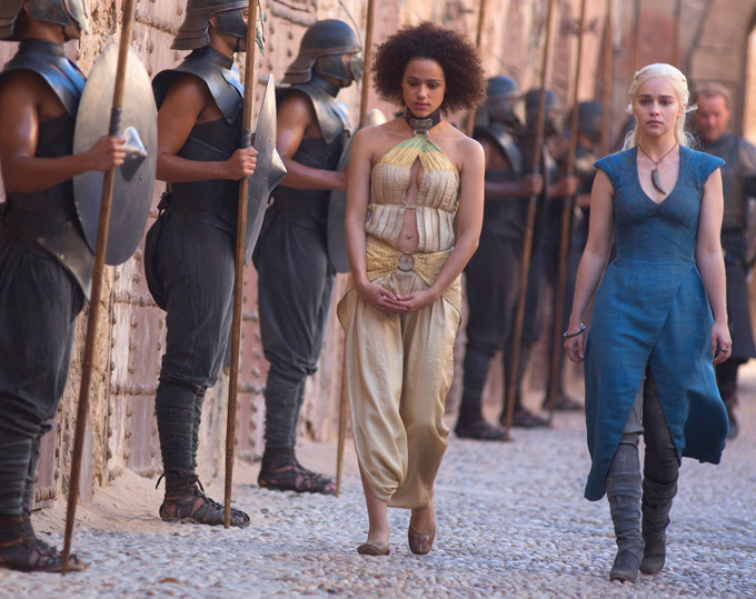 Nathalie Emmanuel and Emilia Clarke in Game of Thrones, Season 3
