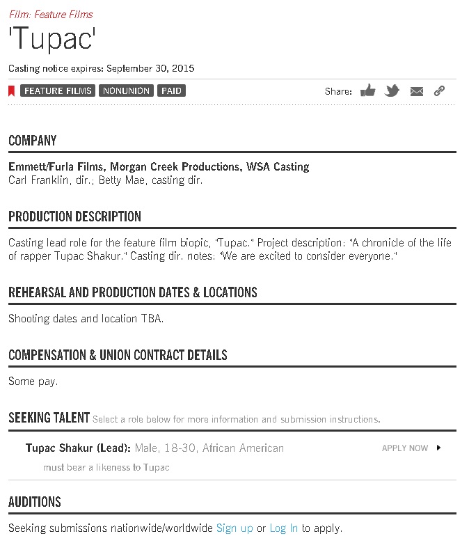 Tupac Casting Notice