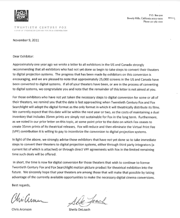 Fox Exhibitor Letter