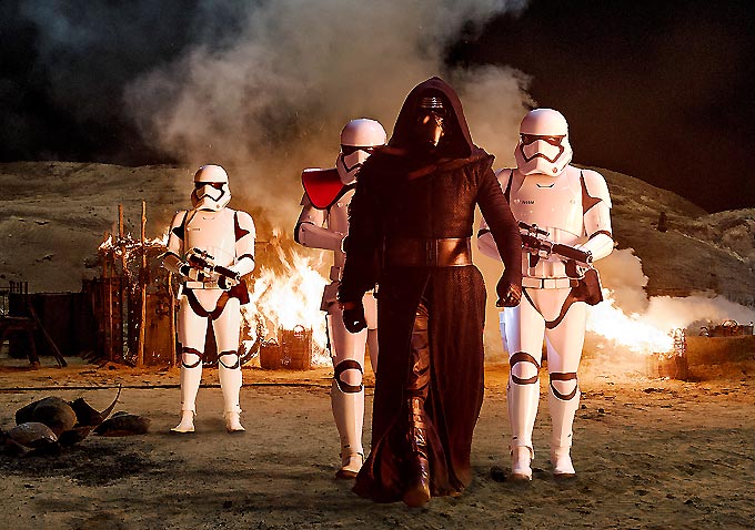 Kylo Ren (Adam Driver) with Stormtroopers..Ph: David James..u00A9Lucasfilm 2015